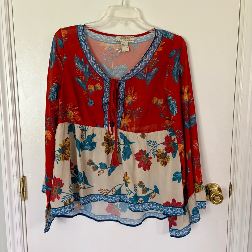 Flying Tomato Red & Cream Floral Tie-Front Boho Blouse